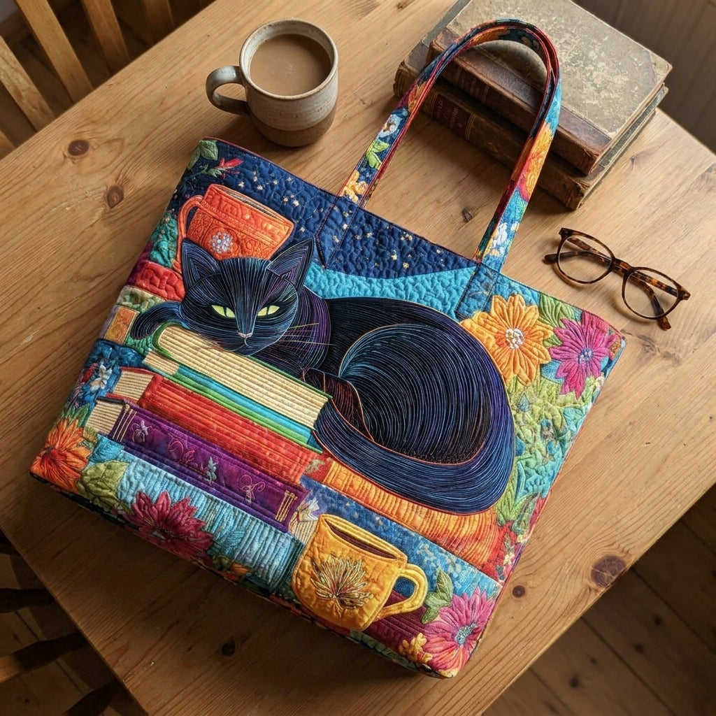 Bolso Artesanal - Gato Negro con Libros y Tazas