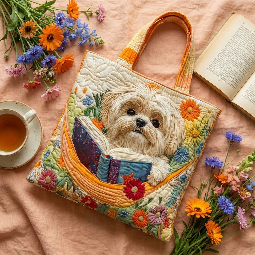 Bolso Artesanal - Shih Tzu con Libros y Flores