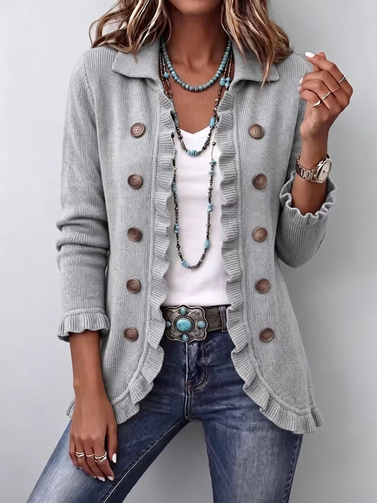 Theodora | Chaqueta Tejida Acanalada Gris Jaspeado con Volantes