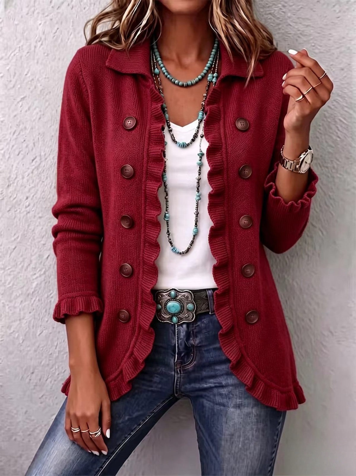 Marthe | Chaqueta Tejida Acanalada Rojo Rubí con Volantes
