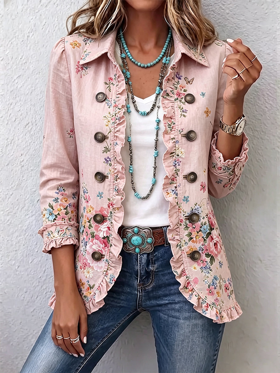 Martine | Chaqueta Floral Rosada con Volados y Botones