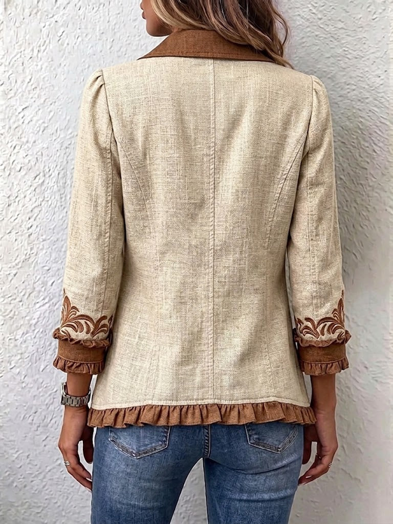 Octavie | Chaqueta Bohemia Floral Camel y Café Vintage con Volados