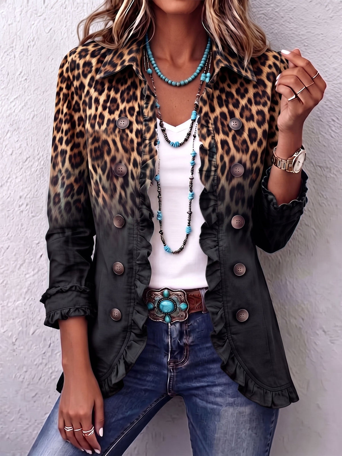 Valentine | Blazer Animal Print Antracita Degradé con Volados