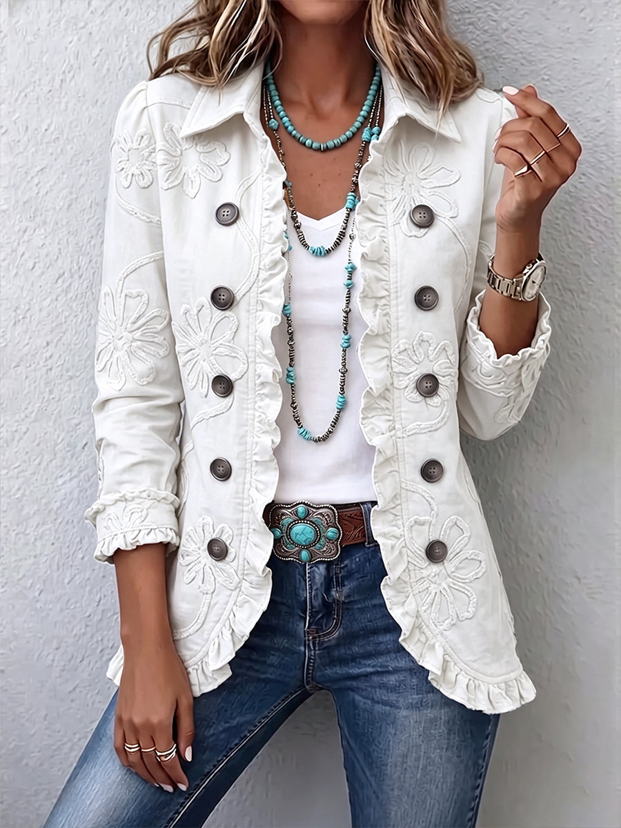 Camille | Chaqueta Bohemia Chic Marfil Bordada con Detalles Fruncidos