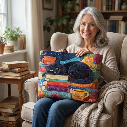 Bolso Artesanal - Gato Negro con Libros y Tazas