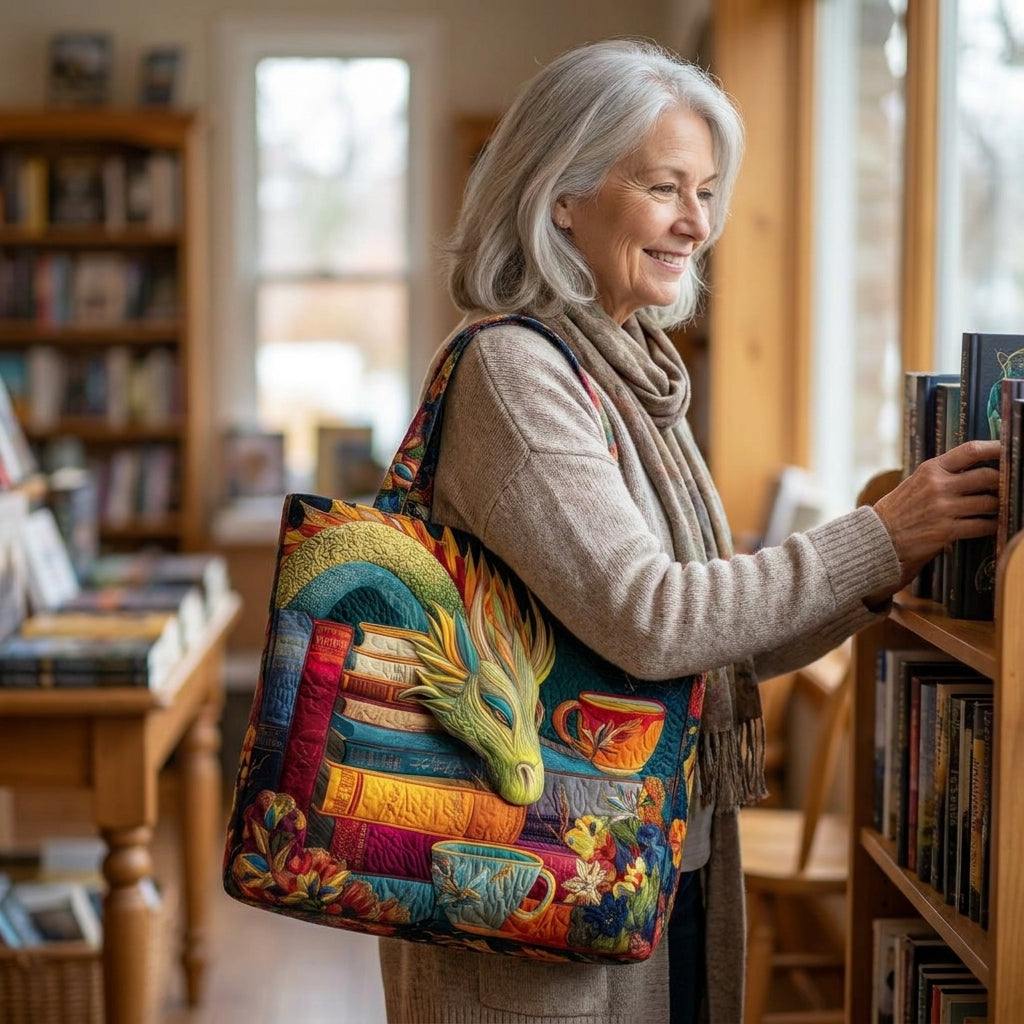 Bolso Artesanal - Dragón Lector con Libros y Tazas