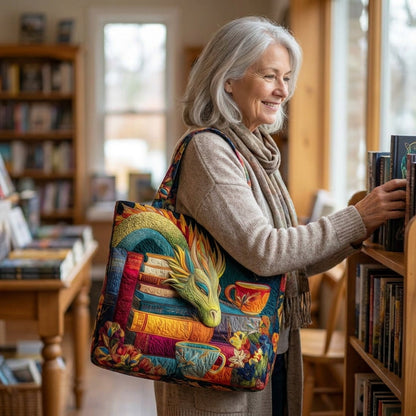 Bolso Artesanal - Dragón Lector con Libros y Tazas