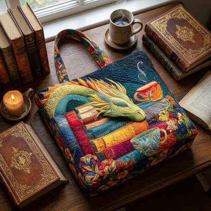 Bolso Artesanal - Dragón Lector con Libros y Tazas