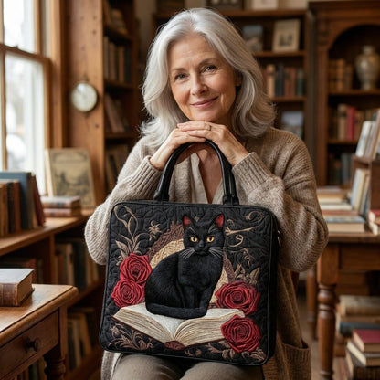 Bolso Artesanal Acolchado - Gato Negro con Libros