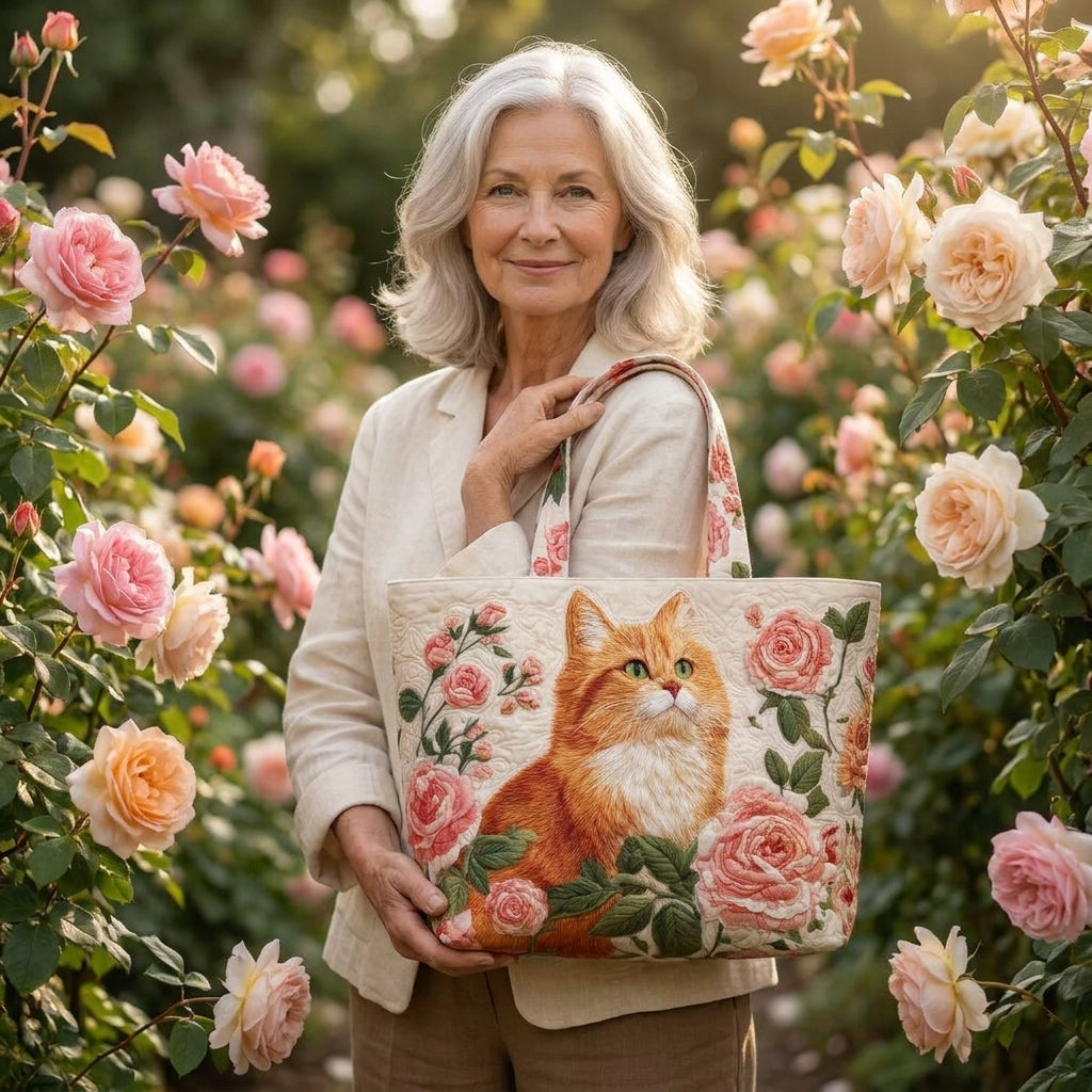 Bolso Artesanal - Gato Naranjo con Rosas