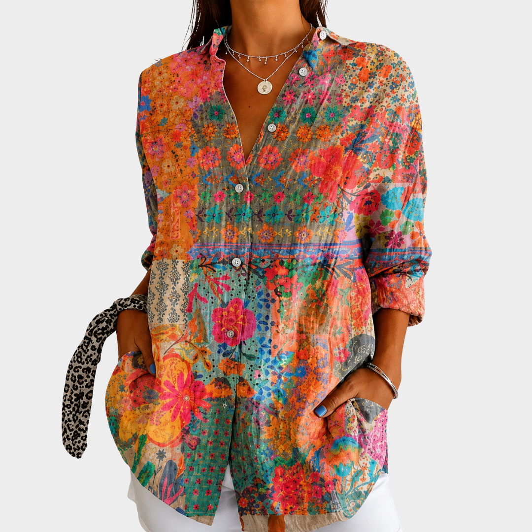 Léonie | Blusa Patchwork con Botones Flores Silvestres Soleadas