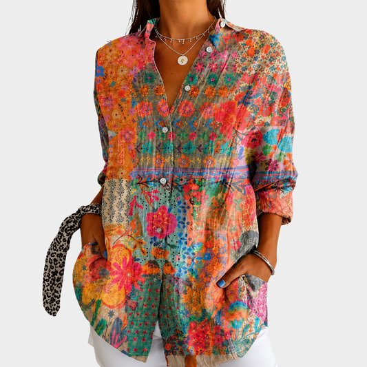 Léonie | Blusa Patchwork con Botones Flores Silvestres Soleadas