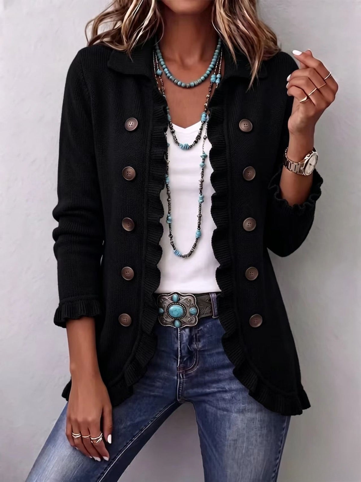 Zélie | Chaqueta Tejida Acanalada Negro Intenso con Volantes