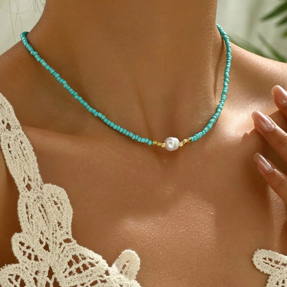 Collar minimalista de turquesa y perlas 1+1 Gratis