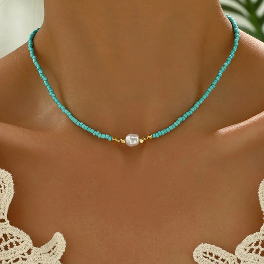 Collar minimalista de turquesa y perlas 1+1 Gratis