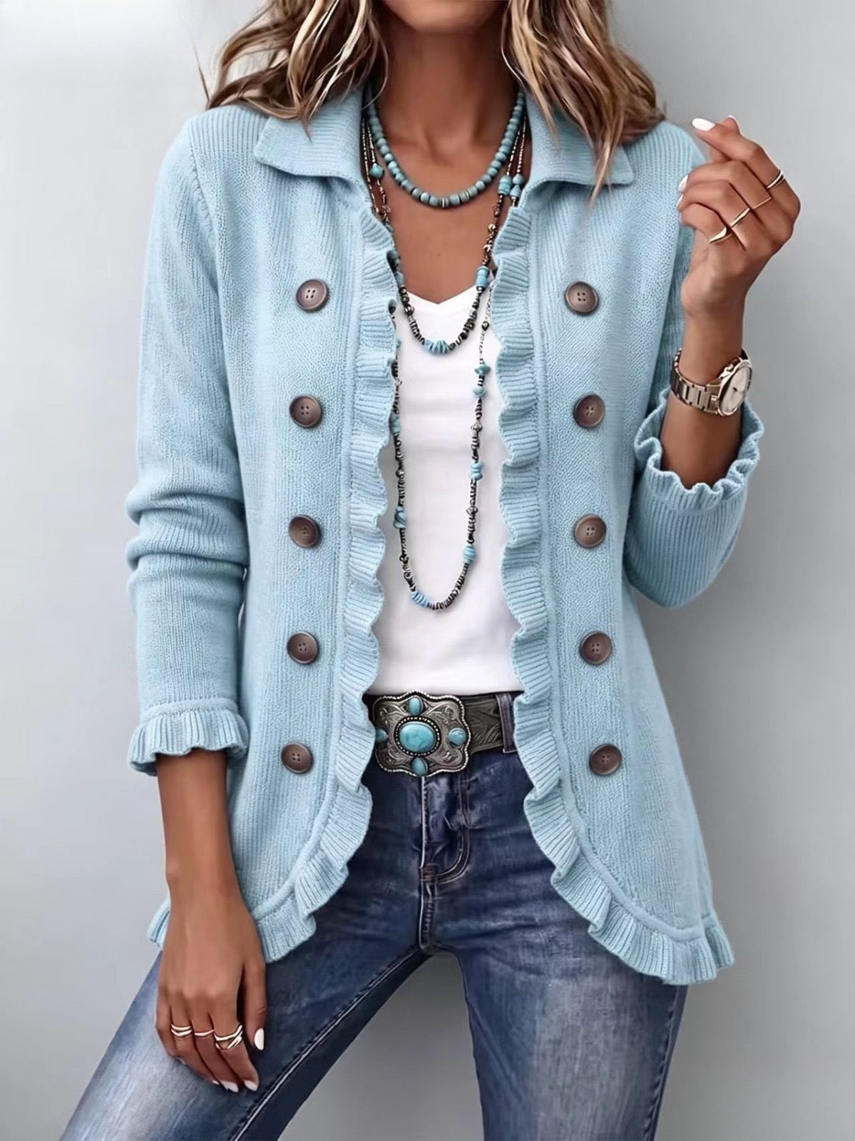 Perrine | Chaqueta Tejida Acanalada Azul Empolvado con Volantes