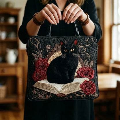 Bolso Artesanal Acolchado - Gato Negro con Libros