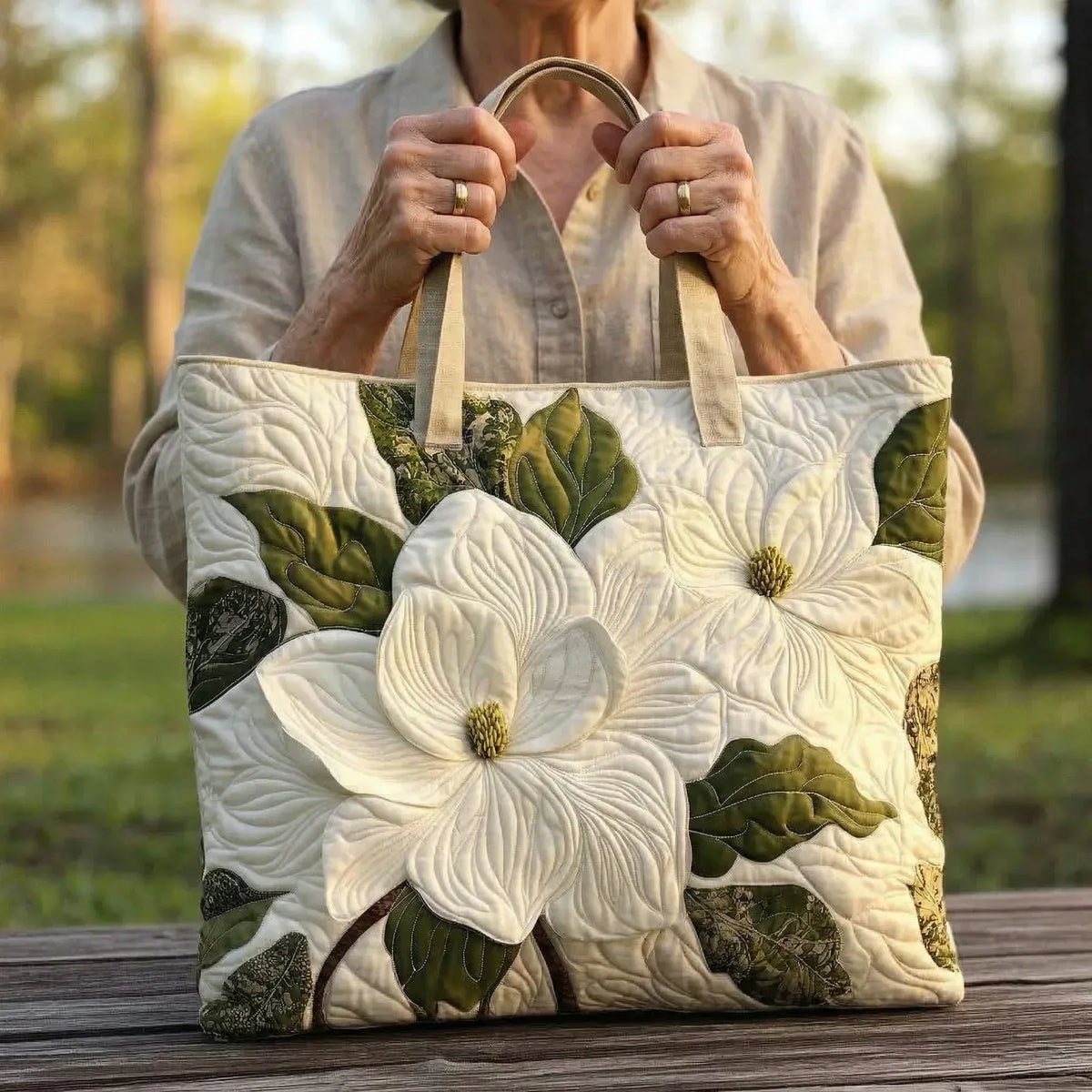 Bolso Acolchado Artesanal - Elegantes Lirios Blancos