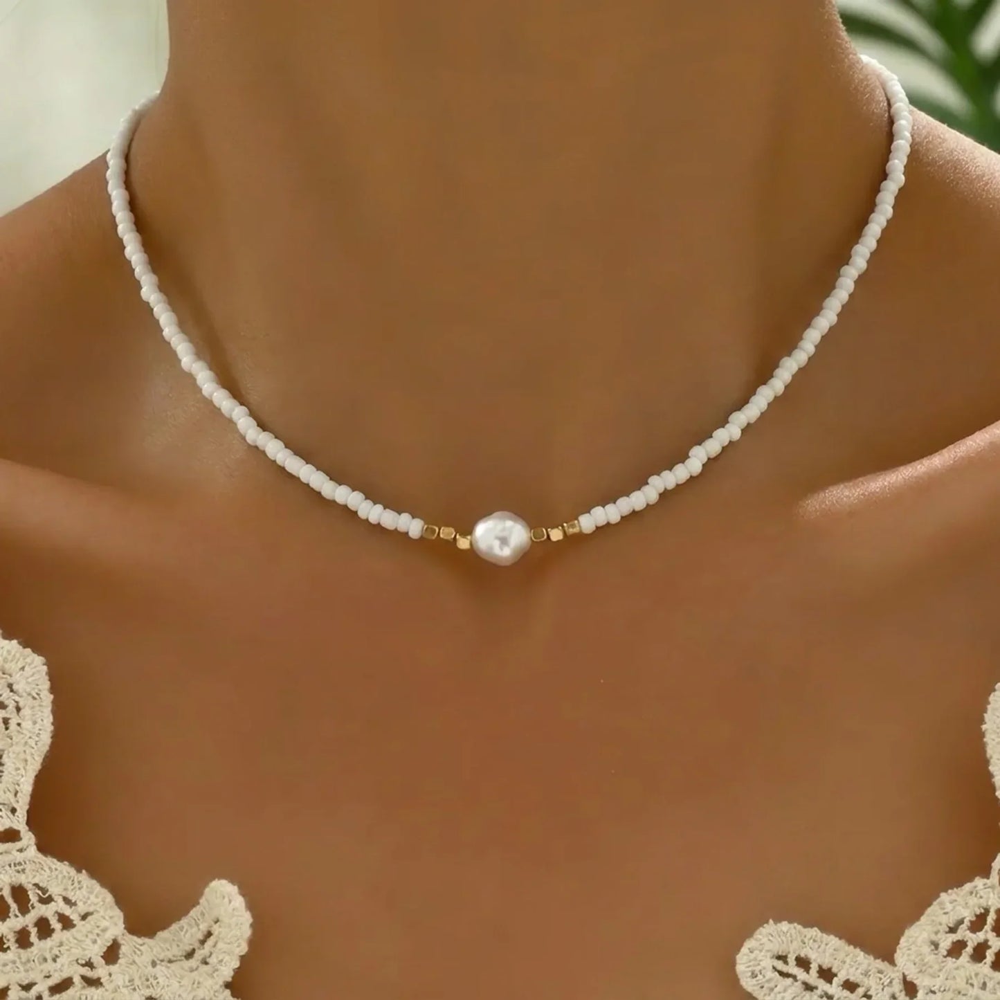 Collar minimalista de turquesa y perlas 1+1 Gratis