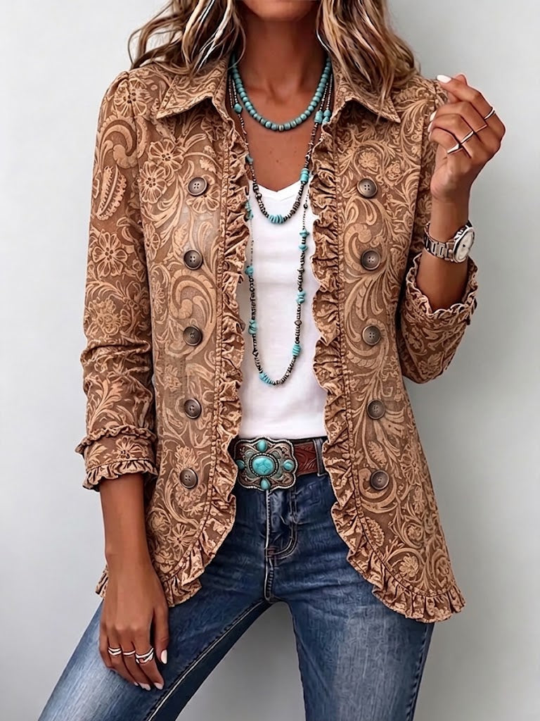 Noémie | Chaqueta Bohemia Floral Café Vintage con Volados