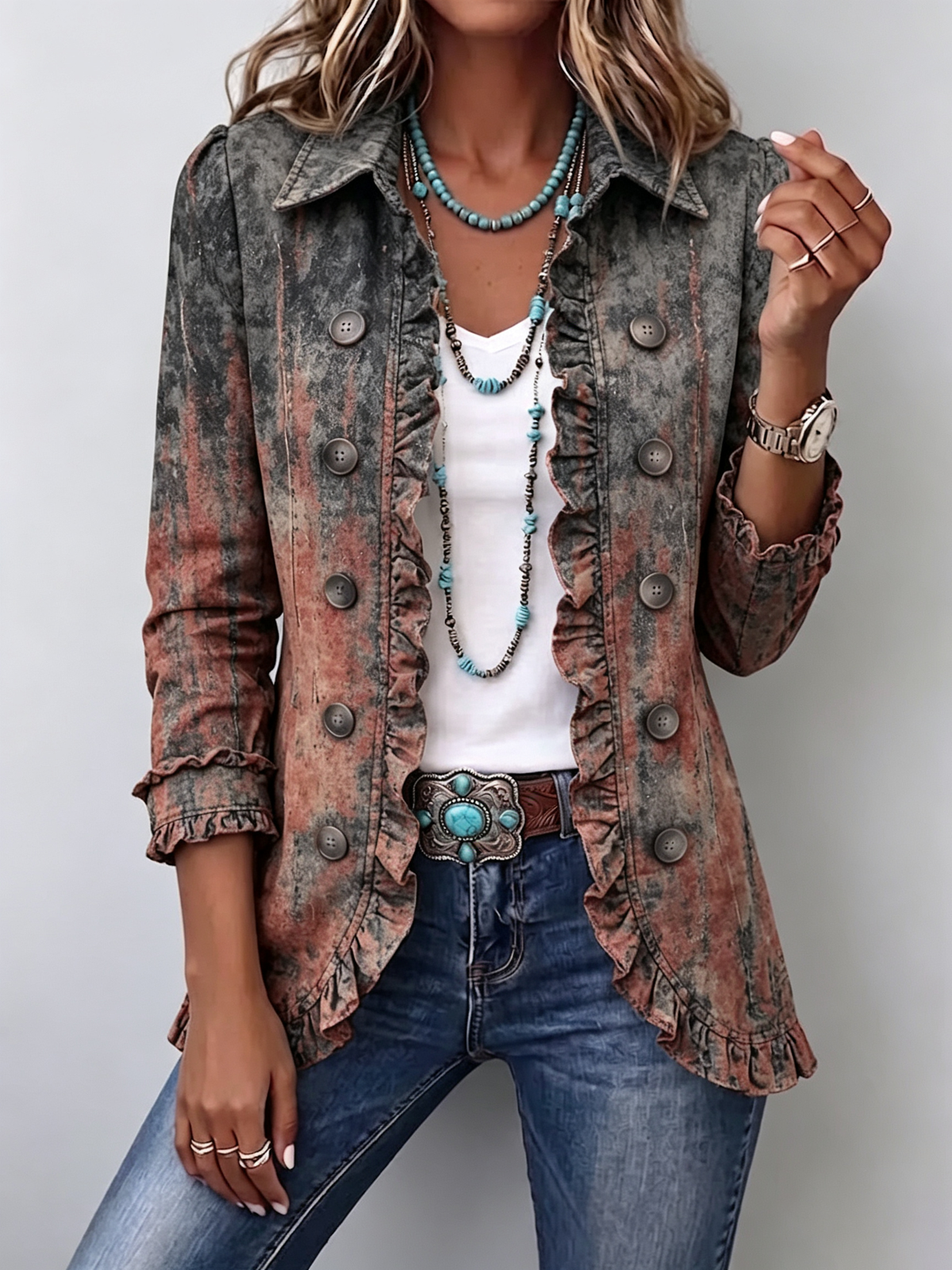Flavie | Chaqueta Vintage Texturizada Degradado Gris con Volantes