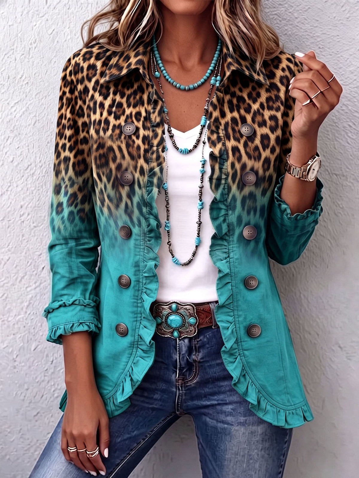 Béatrice | Blazer Animal Print Turquesa Degradé con Volados