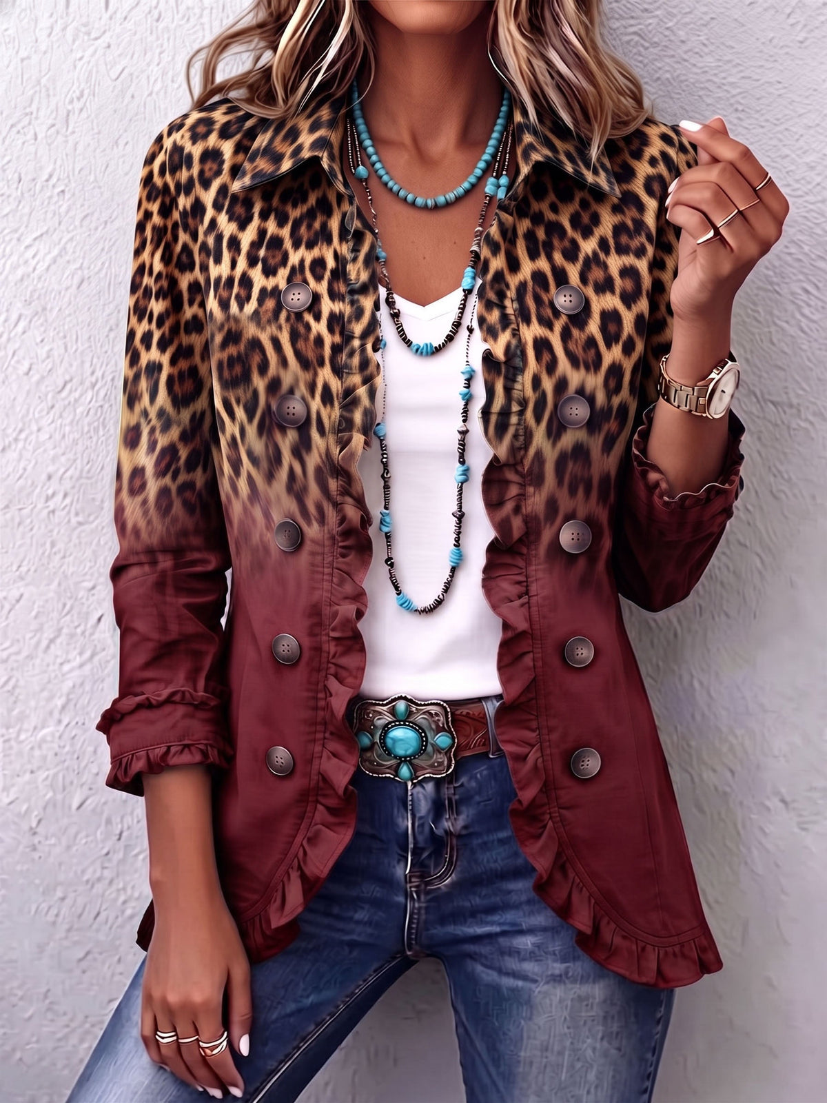 Béatrice | Blazer Animal Print Turquesa Degradé con Volados