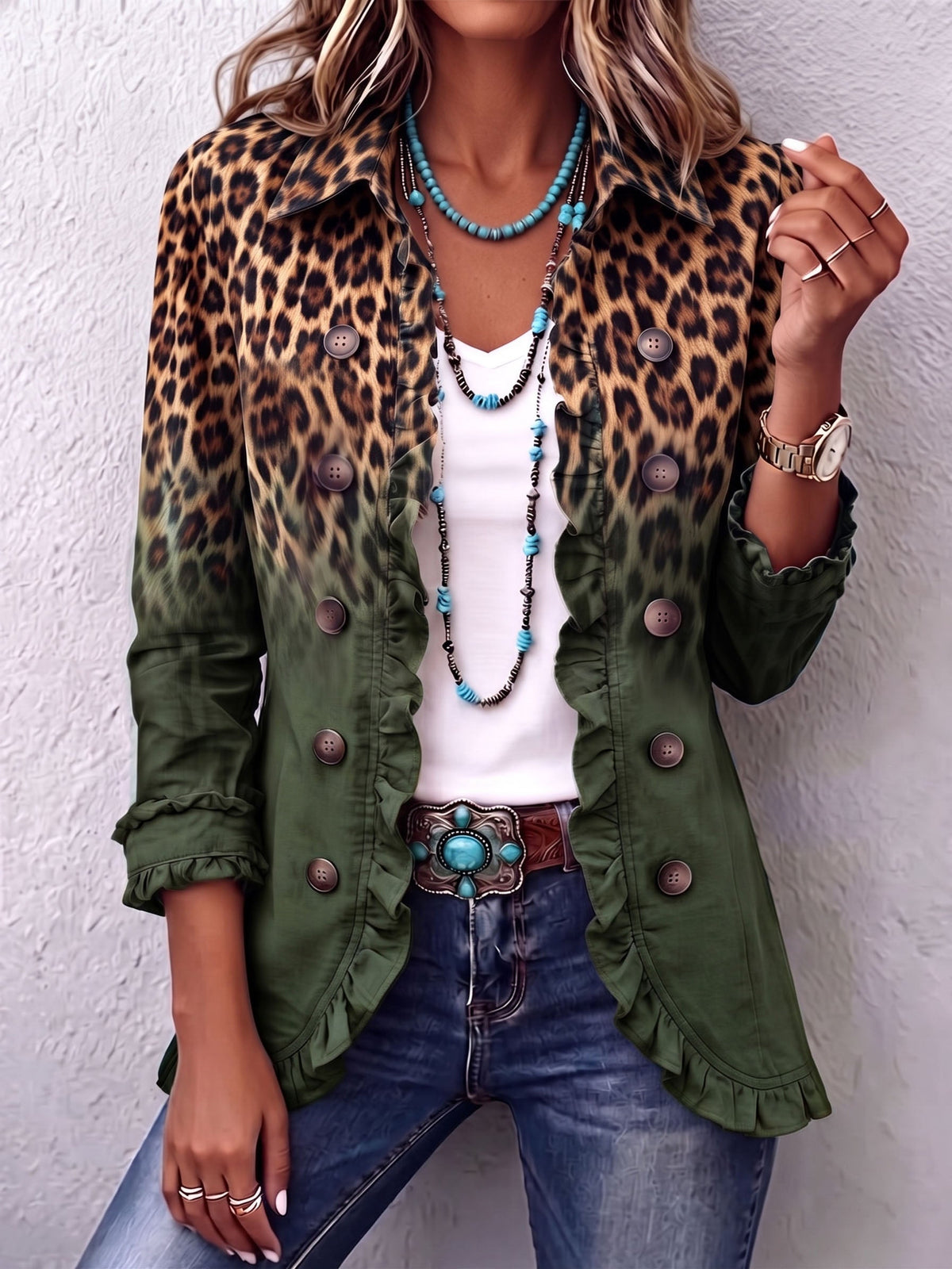 Louise | Blazer Leopardo Degradado Verde Oliva con Volantes