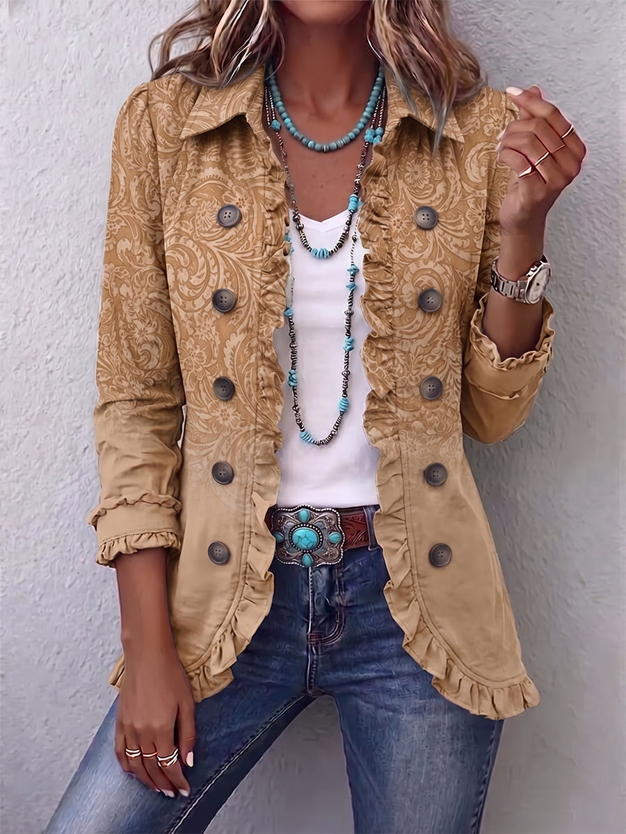 Claire | Chaqueta Western Estampada Khaki con Volados