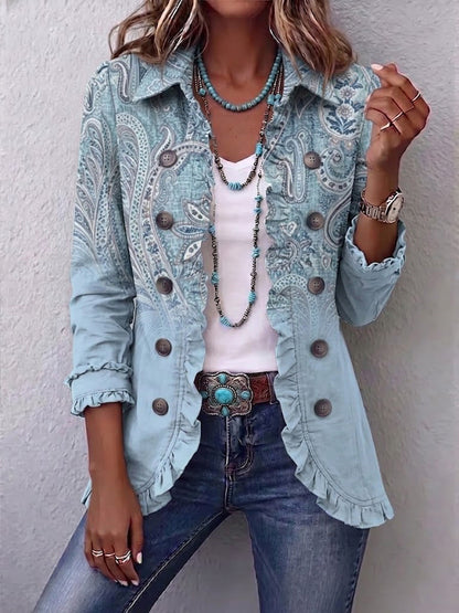 Émilie | Chaqueta Vintage Paisley Celeste con Volados
